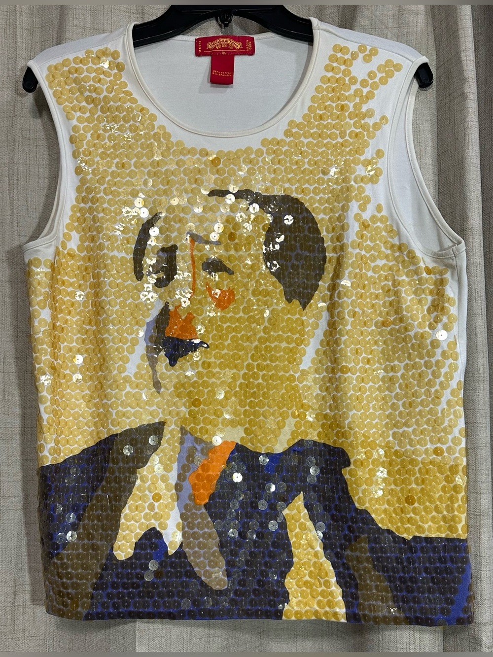 Vintage Shanghai Tang XL White Sequin Mao Pop Art Scoop Neck Tank Cotton Blend
